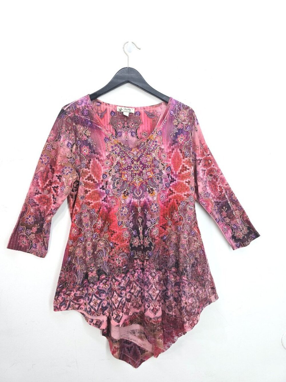 Unity World Wear Burgundy Red V Neck Boho Studded Assymetrical Top Women Size L